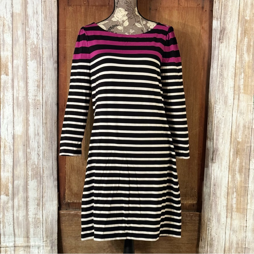 White House/Black Market Dress Stretch Long Sleeve Stripes Black Fuschia White